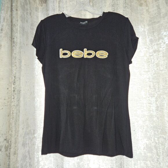 BEBE Black T-shirt with Gold Sequin Logo Size Large - Picture 1 of 5